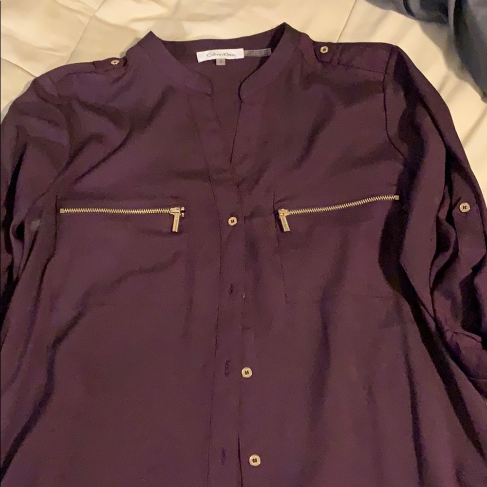 Calvin Klein Maroon button down satin dress top.